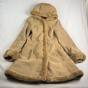 Wilsons Leather Womens Tan Suede Faux Fur Trim Hooded Parka Coat Size M Camel